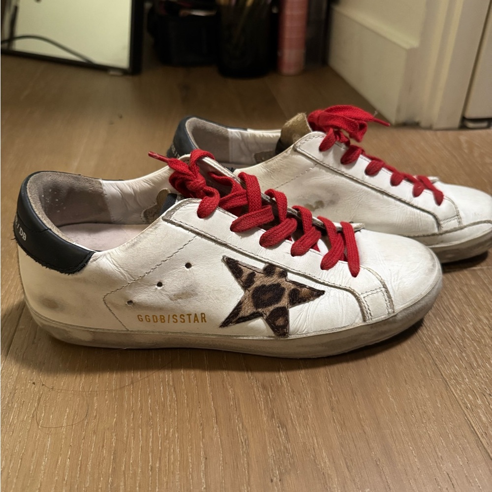 Golden Goose White Sneakers with Red Laces and Leopard Star